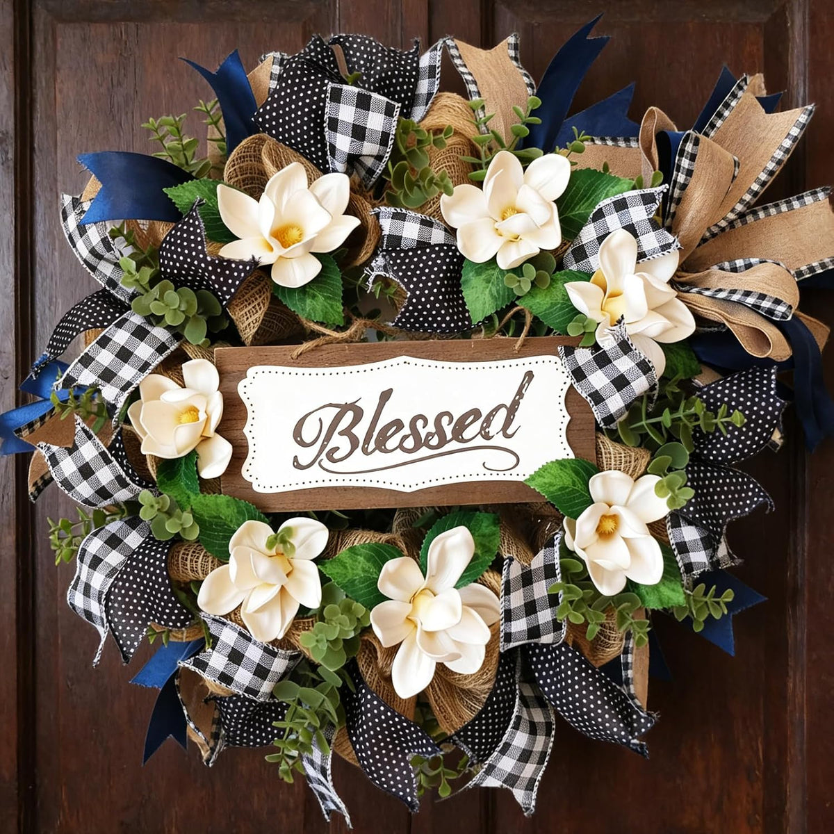 22 Inch Spring Wreath Blessed Magnolia Wreath with Buffalo Check and Burlap Ribbon - Farmhouse Front Door Wreaths Decor for All Seasons - Rustic Home Wall Porch Decor