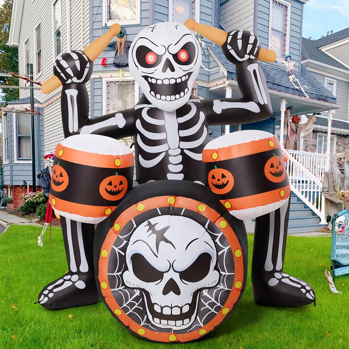comin 5 ft halloween inflatable rock skeleton with, side view