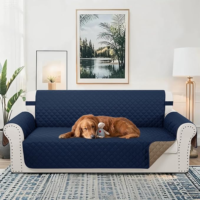 Reversible Oversized Sofa Covers Couch Cover Furniture Protector for Dogs Elastic Straps Water Resistant(XLSofa,Navy/Camel)