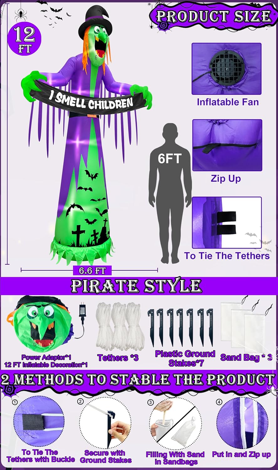 12ft giant halloween inflatables witch decorations for outdoor shown in use