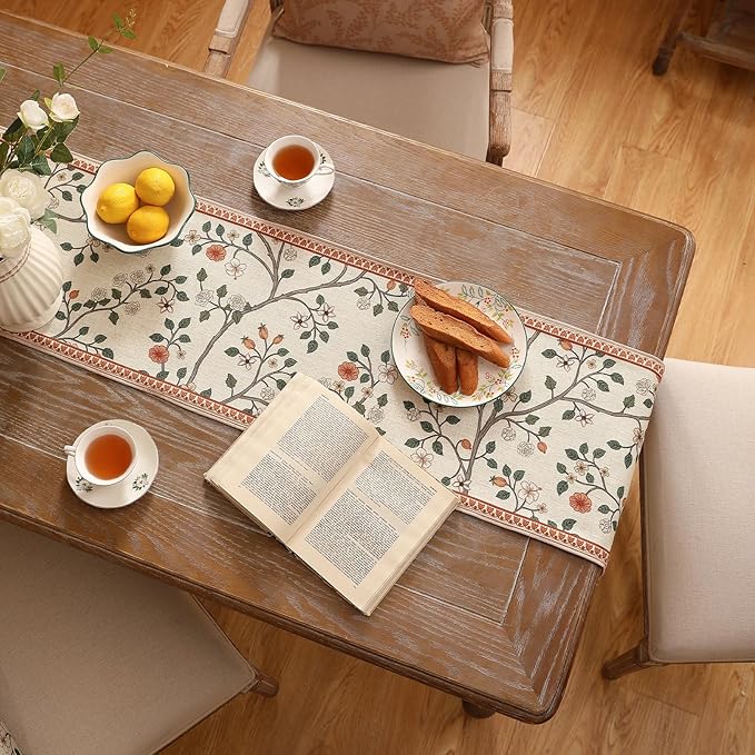 ISAENNE Designer Elegant Linen Floral Table Runner 71 Inches Long,Farmhouse Light Beige Durable Decor Table Runners for Dining Tables,Thanksgiving,Kitchen Tables,Christmas,12"*71"-Flora A