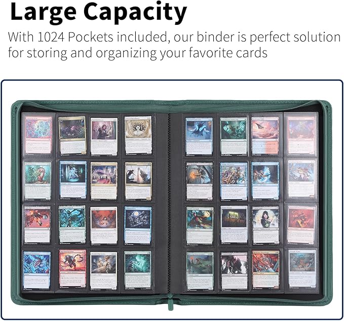 Snekdy premium 1024-pocket trading card binder, 16-pocket cards album, waterproof PU-leather Cover album with side loading, holds gaming, baseball, basketball & sports cards Green