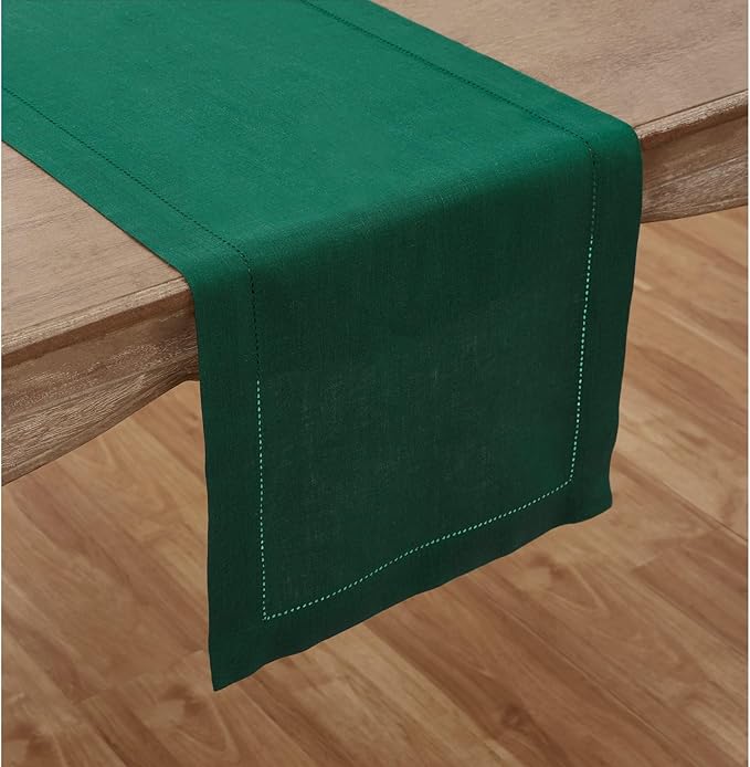 Solino Home Linen Table Runner 108 Inches Long - 100% Pure Linen Rainforest Green Table Runner 14 x 108 Inch for Fall, Autumn, Thanksgiving, Christmas - Classic Hemstitch