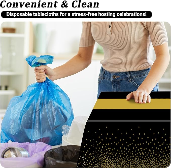 QZYL 12Pack Plastic Table Cloth Disposable, 54" x 108" Waterproof Black Table Cloths with Gold Dots, Outdoor Tablecloth for Rectangle, Table Cloth Cover for New Years Eve Decorations Holiday Birthday