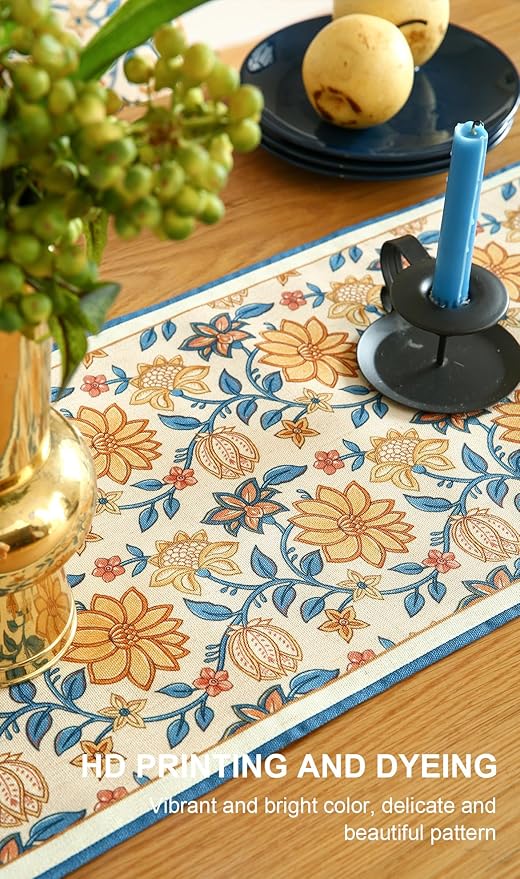 ISAENNE Designer Bohemian Elegant Linen Table Runner 71 Inches Long,Floral Pattern Duable Decor Table Runners for Dining Tables,Thanksgiving,Kitchen Tables,Christmas,12"*71"-Estevan B
