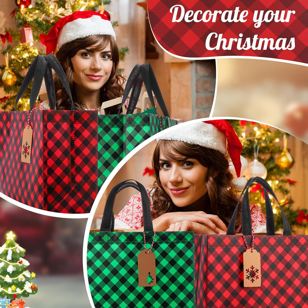 24 Pcs Large Christmas Bags Tags Tote, Diagonal Plaid, Red Green Black