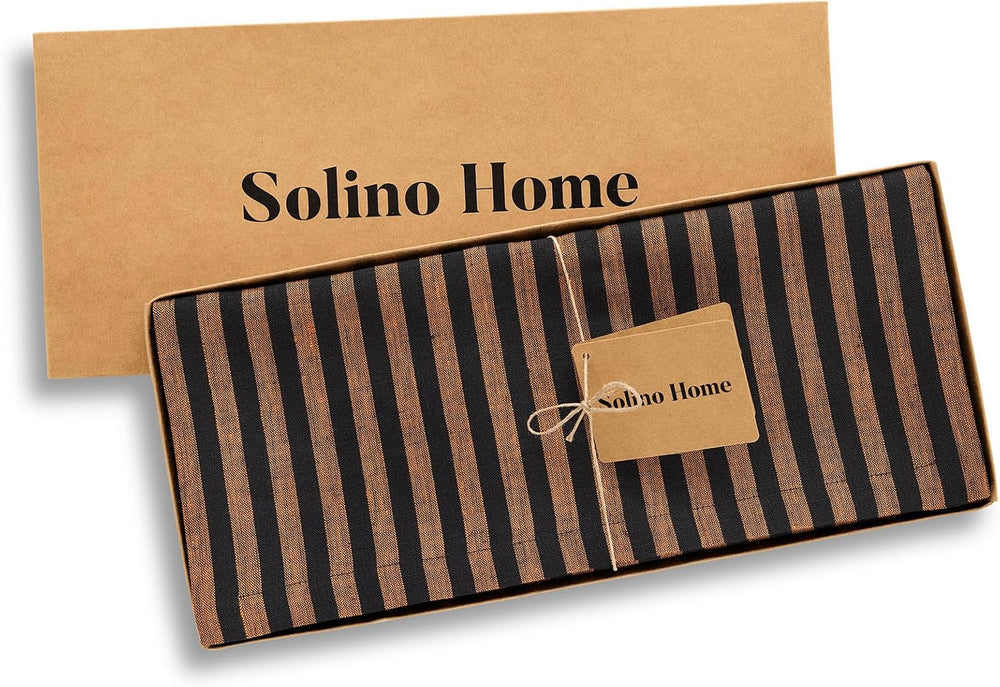 Solino Home 100% Linen Table Runner, 14 x 90 in, Pumpkin and Black Striped
