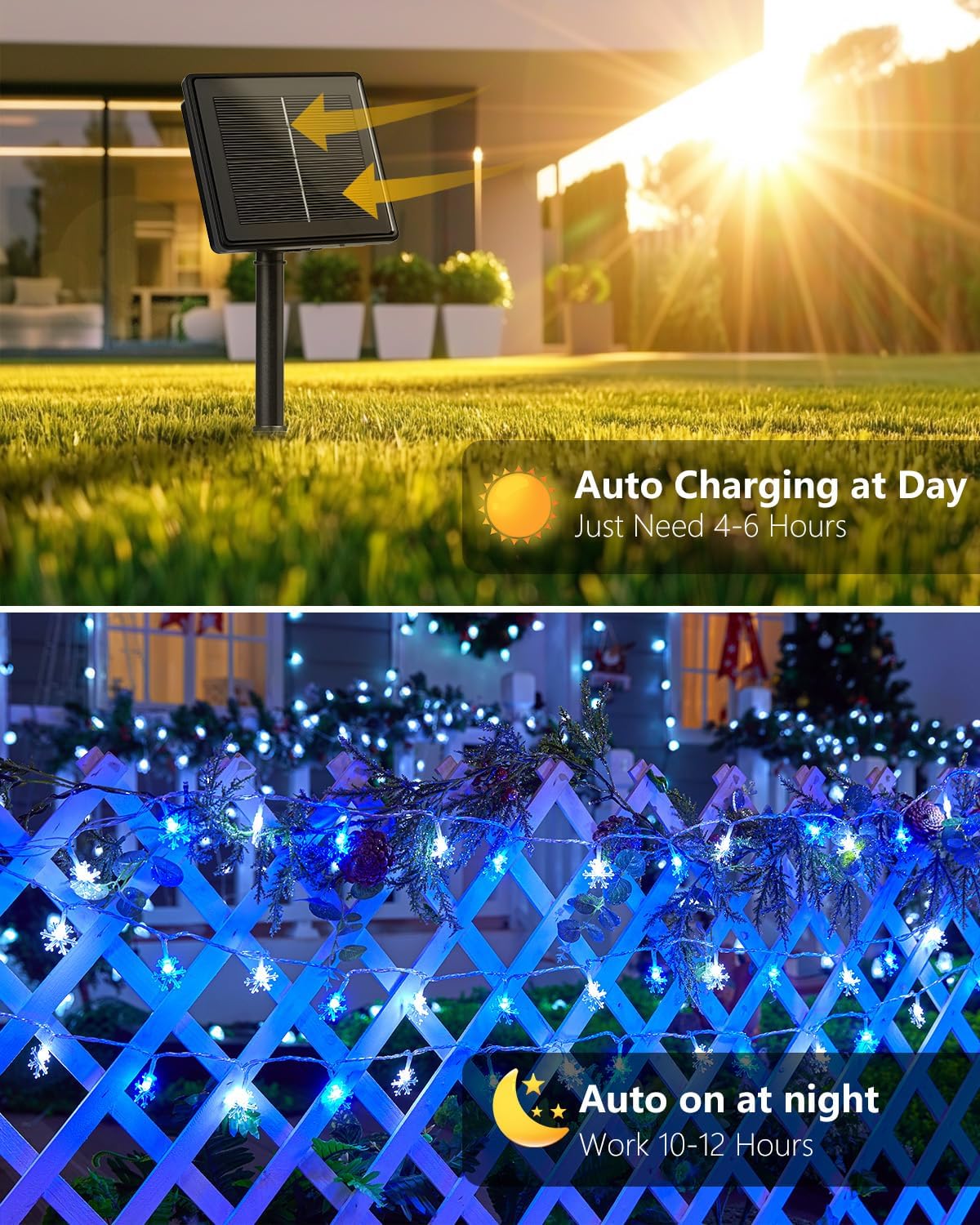 brightown solar christmas snowflake string lights, 72ft 200, side view