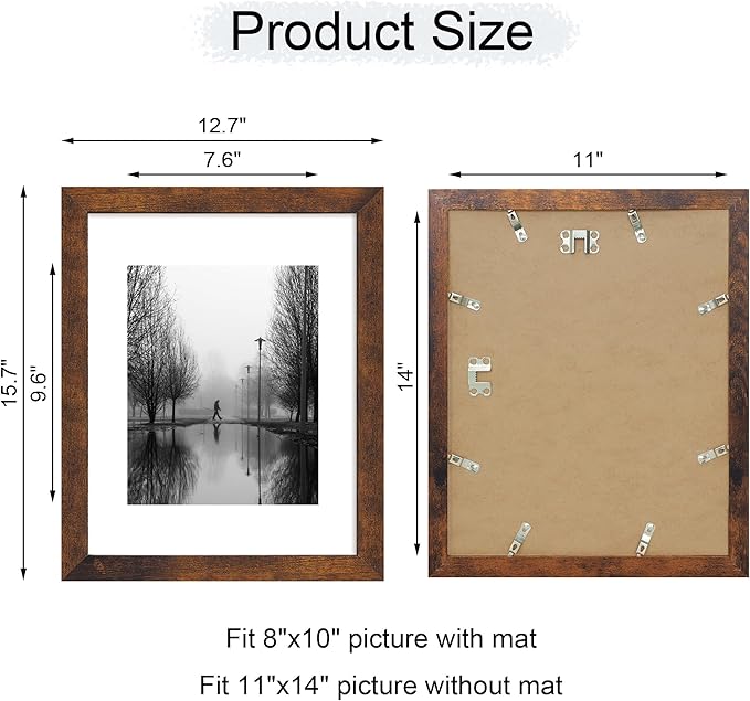 11x14 Picture Frame Set of 4 with Tempered Glass, Rustic Frame Display 8x10 Pictures with Mat or 11 x 14 Without Mat, Wooden Photo Frames for Wall Mounting