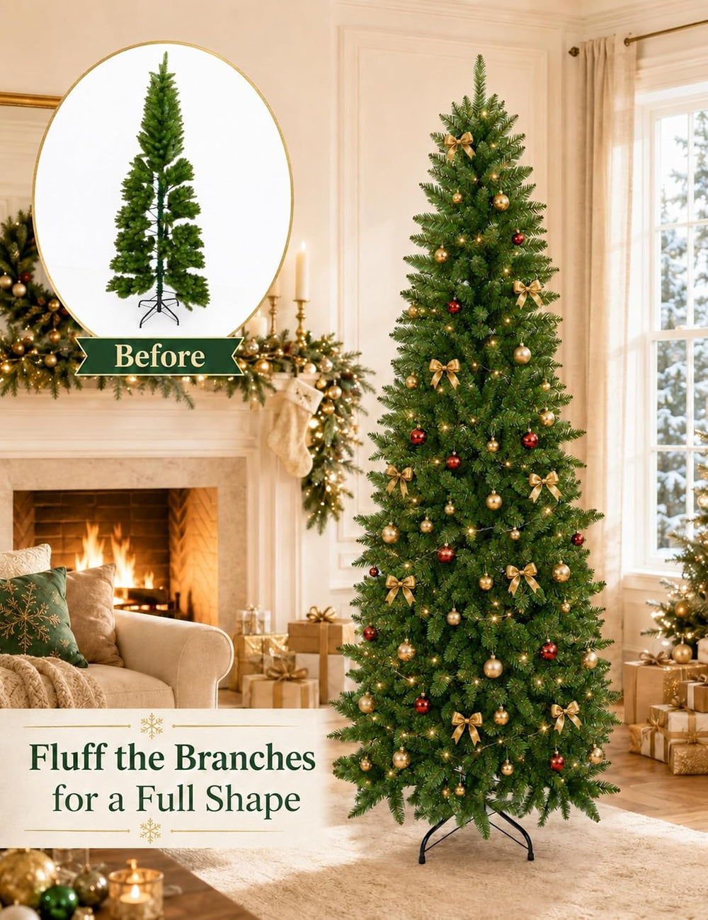 7.5ft Artificial Pencil Slim Christmas Tree, Includes Metal Stand, Kingswood ...