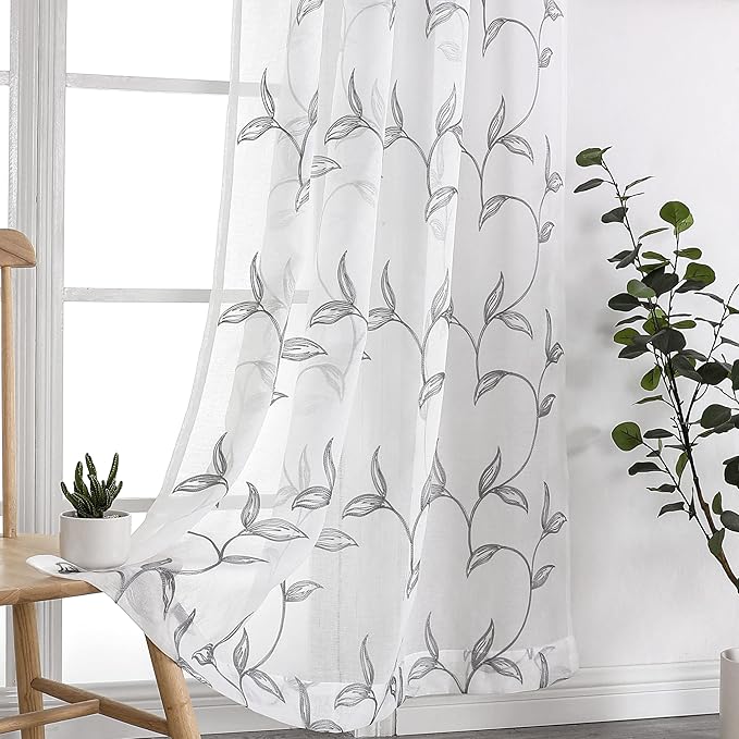VISIONTEX Sheer Curtains 95 Inch Length 2 Panels, Decor Iron Grey Vine Leaves Embroidery on White Voile Pair, Accent Semi Window Drapes for Kitchen, Living Room and Bedroom, 54" W x 95" L
