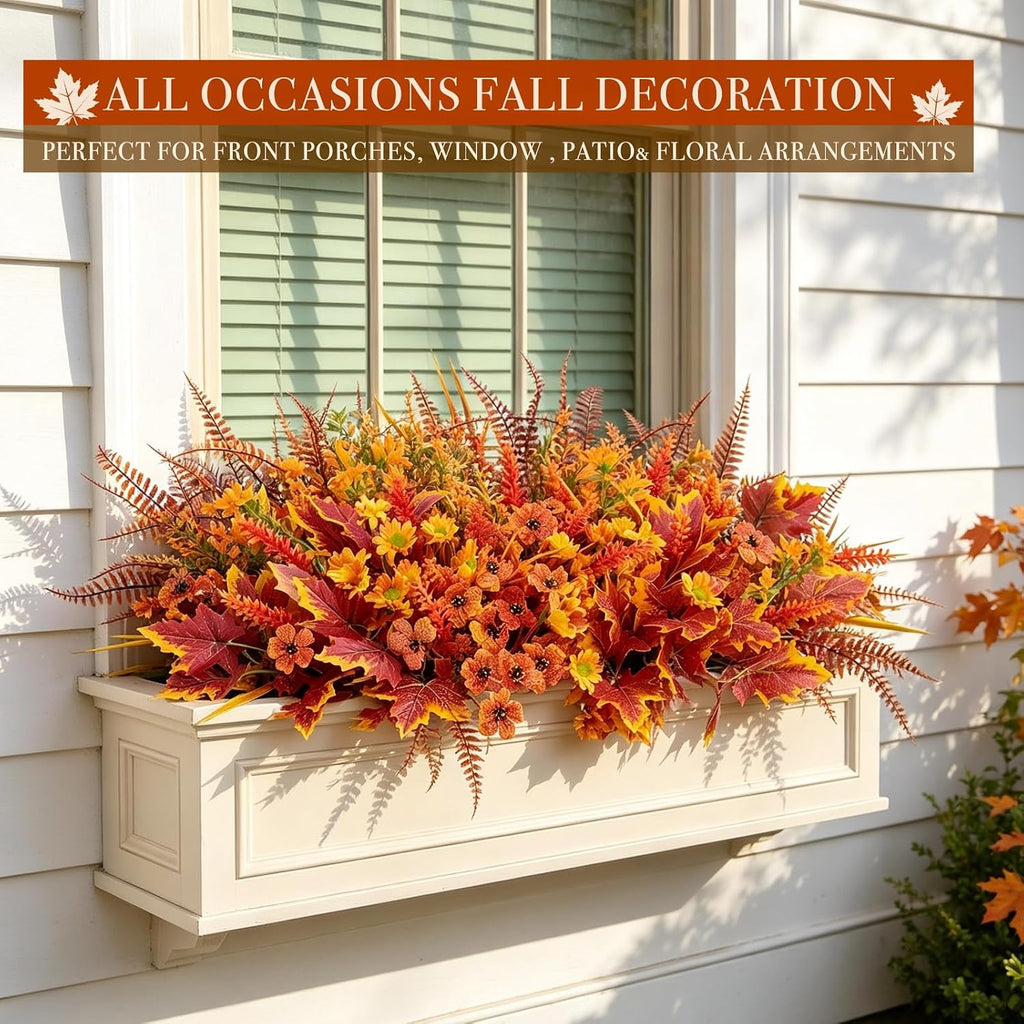 24 Bundles 6 Styles Artificial Fall Flowers Plants for Outdoors Fall Decor, Fake Faux Flower Autumn UV Resistant Orange Mums Maple Leaves Wheat Boston Fern Lavender for Thanksgiving Outside Porch Home