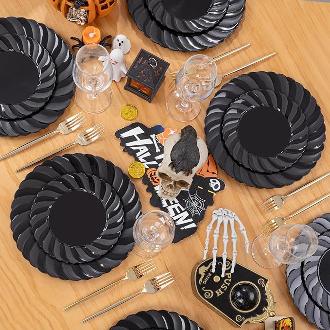 U-QE 60 Pcs Black Plastic Plates for Party – Scalloped Plastic Plates Heavy Duty – Include 30 10.25" Dinner & 30 7.25" Dessert Plate - Perfect for Halloween, Weddings & Birthdays