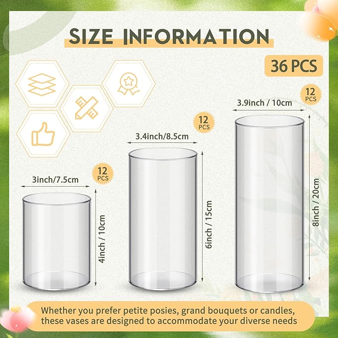 Nuogo 36 Pcs Plastic Cylinder Vases Tall Clear Flower Vases for Centerpieces Hurricane Candle Holder for Home Wedding Office Party Formal Dinners Decorations (4''/6''/8'')