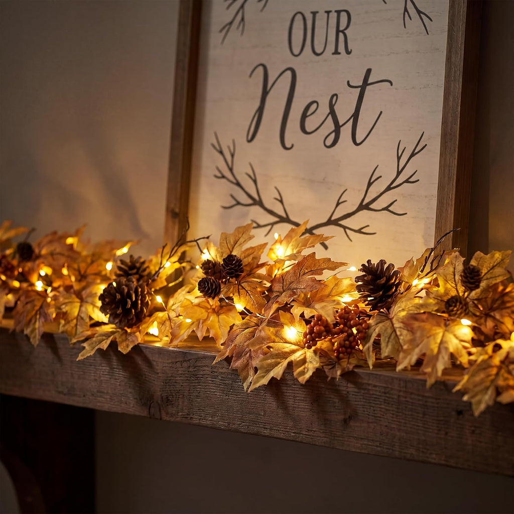 6ft Lighted Fall Garland with 30 Lights & Automatic Timer & Maple Leaves
