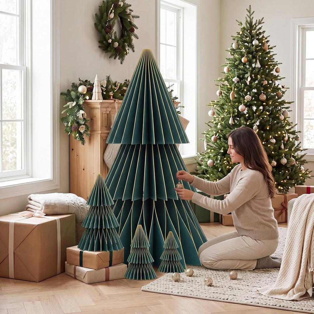 GlikCeil 4 Set Large Honeycomb Paper Christmas Tree Tall, Green