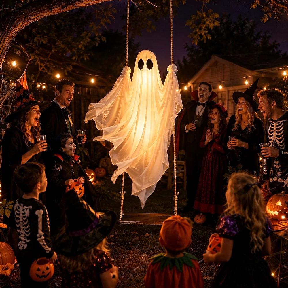 Halloween Decorations Outdoor – Hanging Swing Ghost 4-8FT, Remote Light Up