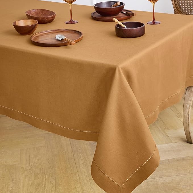 Solino Home Brown Sugar Linen Tablecloth 60 x 90 Inch - Classic Hemstitch, 100% Pure Linen Rectangular Tablecloth - Machine Washable Table Cloth for Fall, Autumn, Thanksgiving