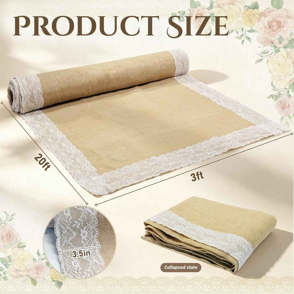 3 ft x 20 ft Burlap Aisle Runner for Wedding,Wedding Walkway Runner with Lace...