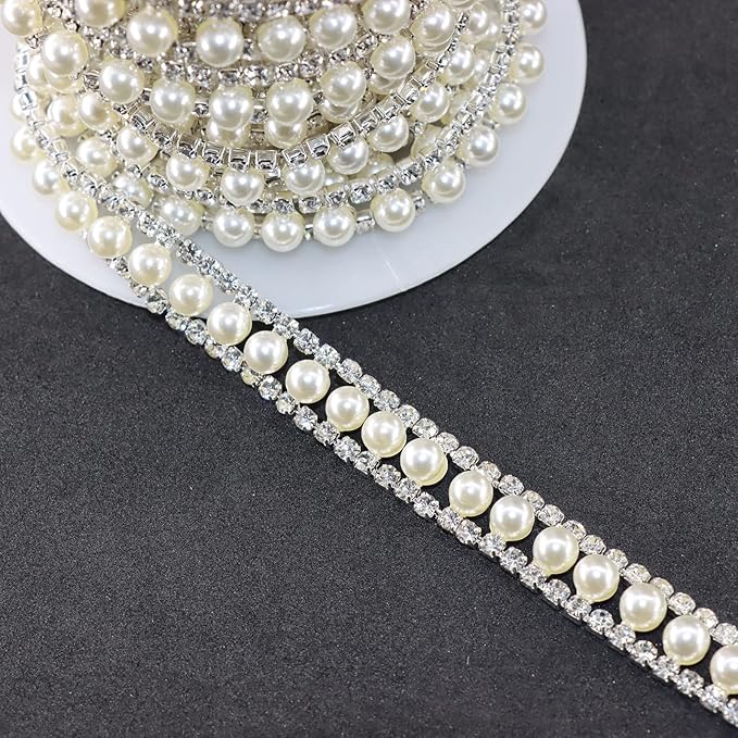 Jerler Rhinestone Trim Applique 5 Yards 2 Rows Crystal Chain Banding Diamond Inlaid White Pearl Beaded Rhinestones for Crafts Clothing and Bridal Embellishments Wedding Ideas Christmas Decorations