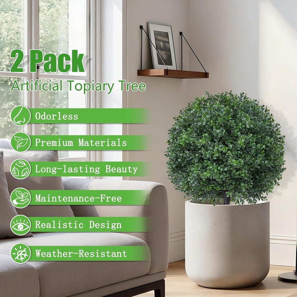 Yangrass 2PCS 24" Artificial Boxwood Topiary Ball Trees with Ground Spike