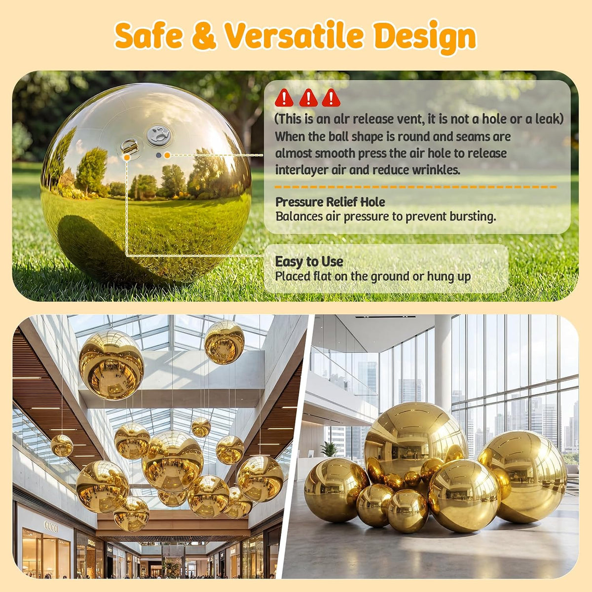 gold inflatable mirror ball set,reusable pvc mirror balls, front angle view