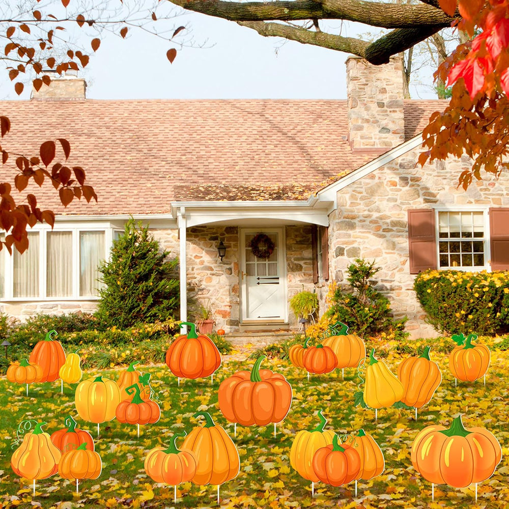 12 Pcs Fall Pumpkin Yard Sign with Stakes, 12 x 10'' Garden Lawn Stakes