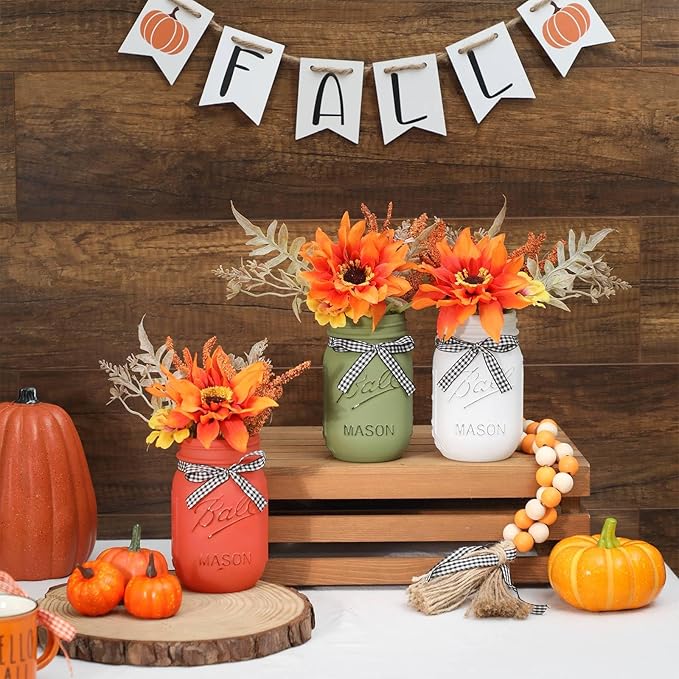 Thanksgiving Fall Mason Jar Centerpiece for Table with Artificial Flowers, Set of 3 Mason Jars Farmhouse Decor Decorative Jars for Thanksgiving Home Decor, Thanksgiving Dinner Table Centerpiece