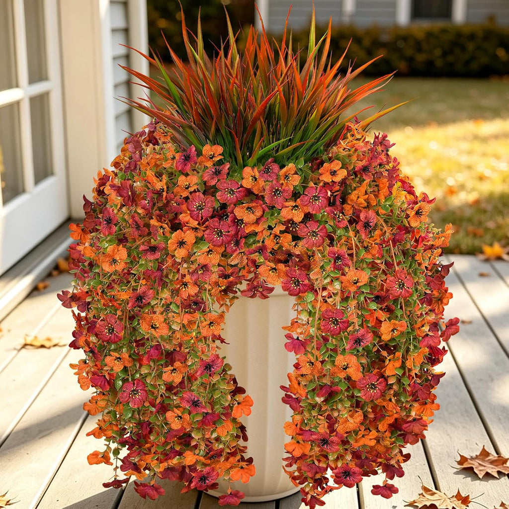 7PCS Artificial Fall Hanging Flowers for Outdoor, Five-Petaled Faux Mums