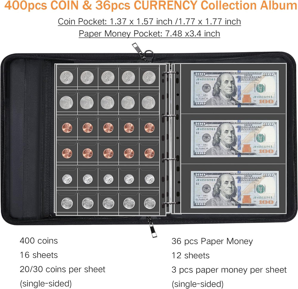 400-Pocket Fireproof Coin Book with Lock & 36 Paper Currency Binder Sleeves