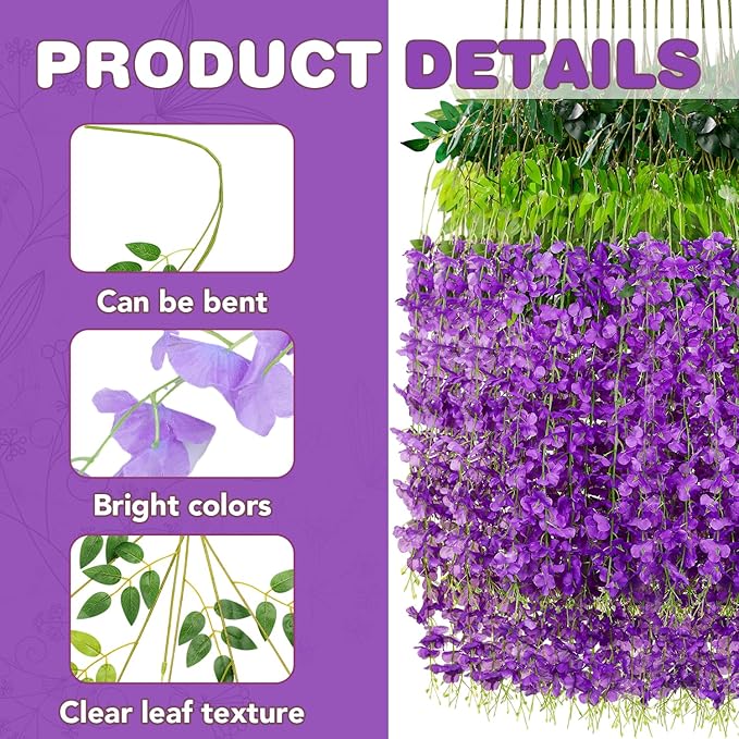 Wisteria Hanging Flowers,Fake Hanging Flowers,Wisteria artificiales Garland for Home Wedding Arch Floral Party Garden Ceremony Outdoor Decor,3.6 feet Long(36,Purple) (36 Pack)