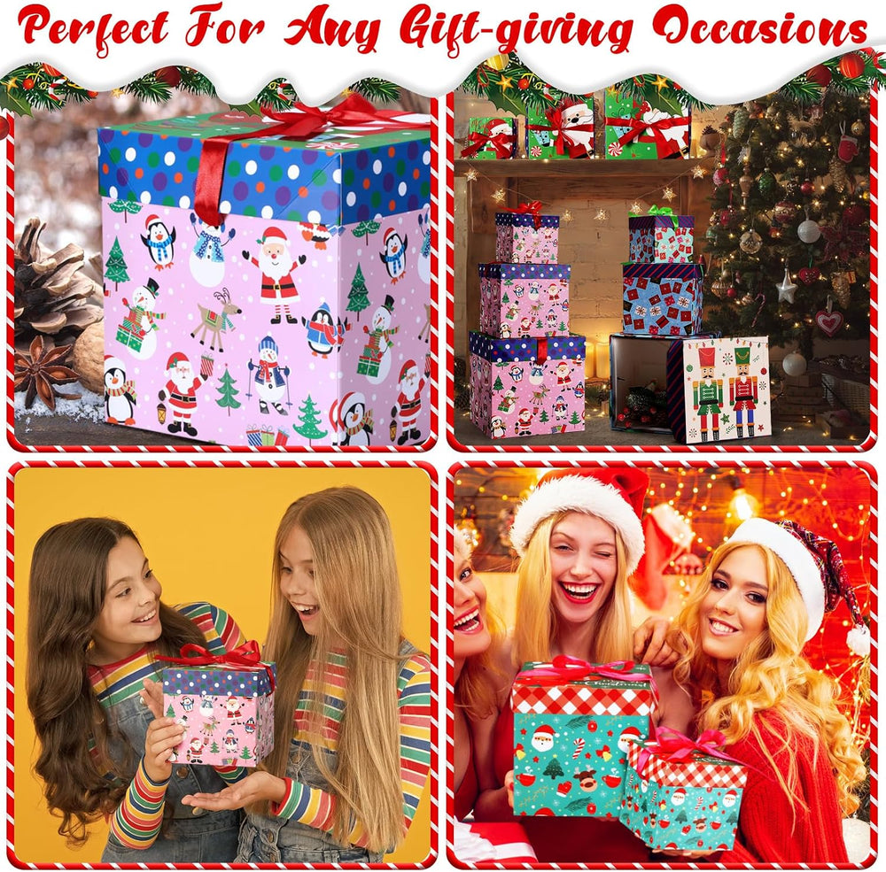 Tenceur 16 Sets Christmas Nesting Gift Boxes with Bow Lids, 4 Styles Xmas