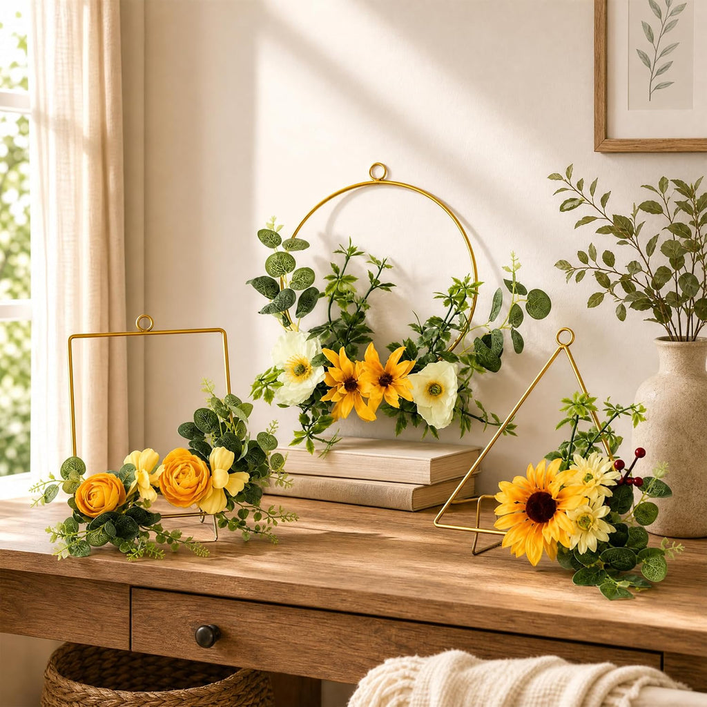 18 inch artificial sunflower wreath with burlap bow on a desk or shelf