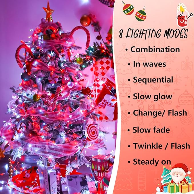 YEGUO 165ft 500 LED Red and White Christmas Lights Outdoor Waterproof, Clear Wire String Lights Indoor Plug in, 8 Modes Clear Wire Twinkle Tree Light for Xmas Party Garden