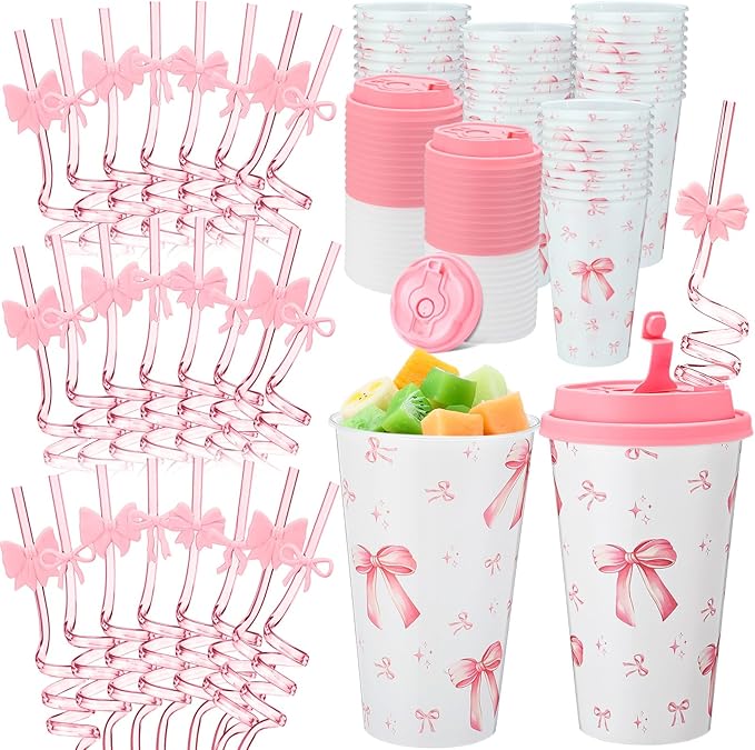 Yungyan 36 Sets Pink Bow Party Favors Goodie Cups with Lids and Straws for Birthday Coquette Party Decorations Reusable 16oz Plastic Candy Cups Plastic Straws for Christmas Decor(Pink Bow)