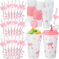 Yungyan 36 Sets Pink Bow Party Favors Goodie Cups with Lids and Straws for Birthday Coquette Party Decorations Reusable 16oz Plastic Candy Cups Plastic Straws for Christmas Decor(Pink Bow)