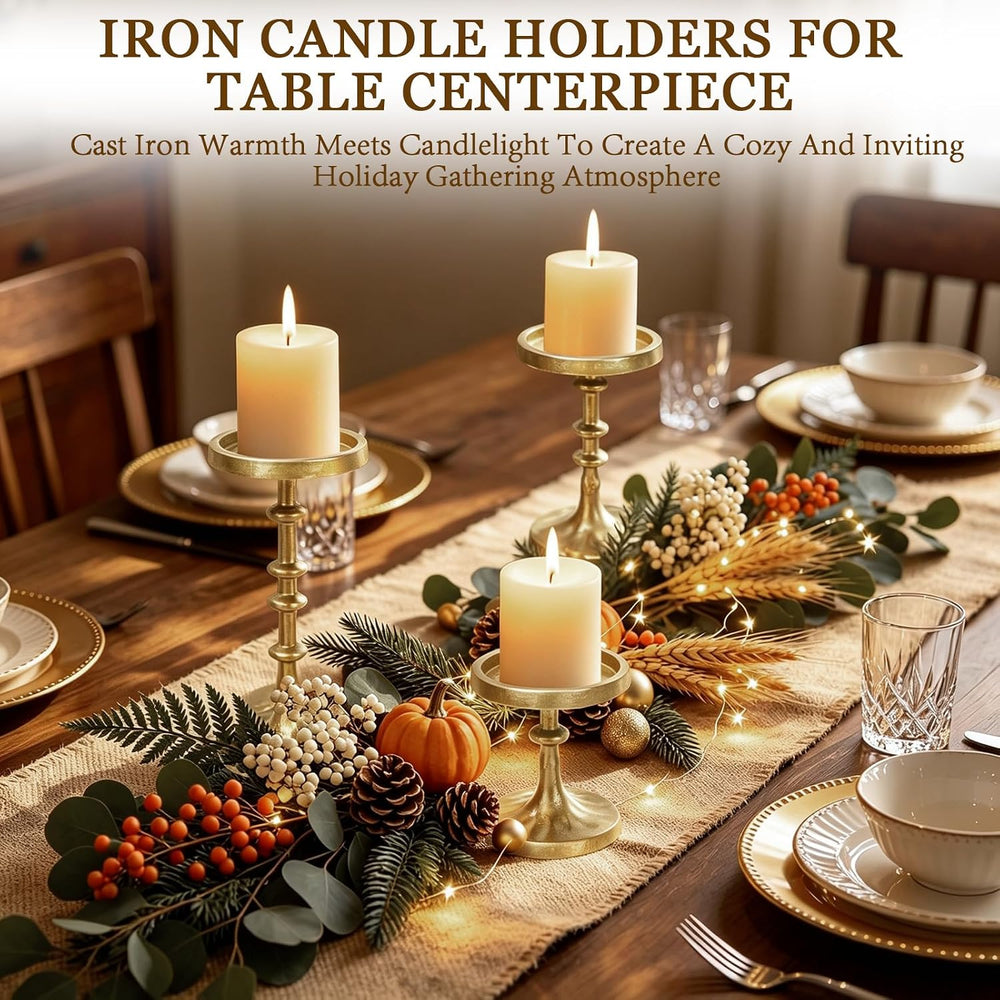 Iron Pillar Gold Candle Holder Set of 3, Heavy Duty Antique Candle Stand