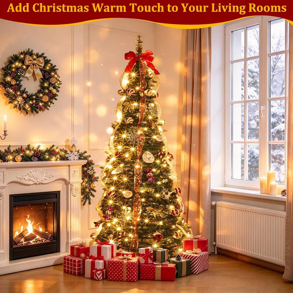 6FT Prelit Pop Up Christmas Tree, Pre-Decorated Collapsible Xmas Tree Decor