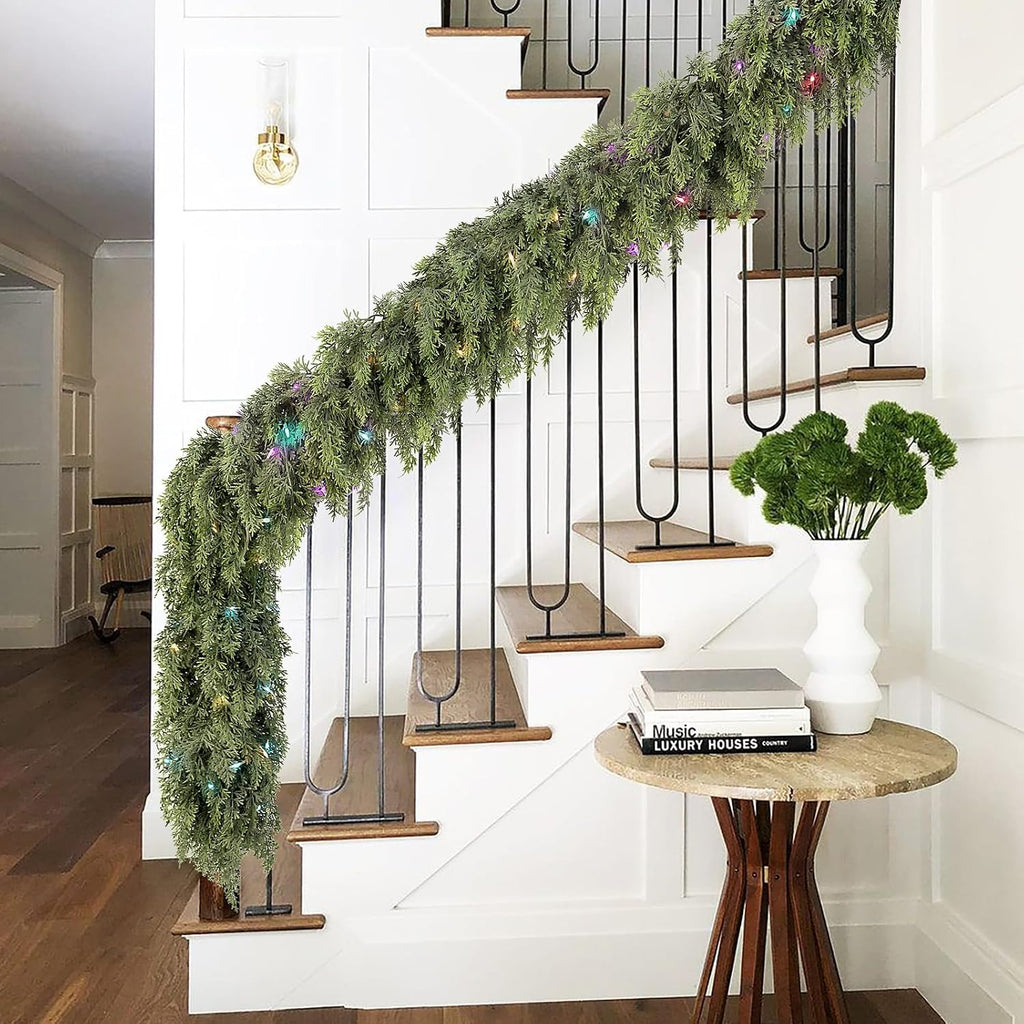 9Ft Prelit Real Touch Cedar Christmas Garland with Lights for Mantle Decor