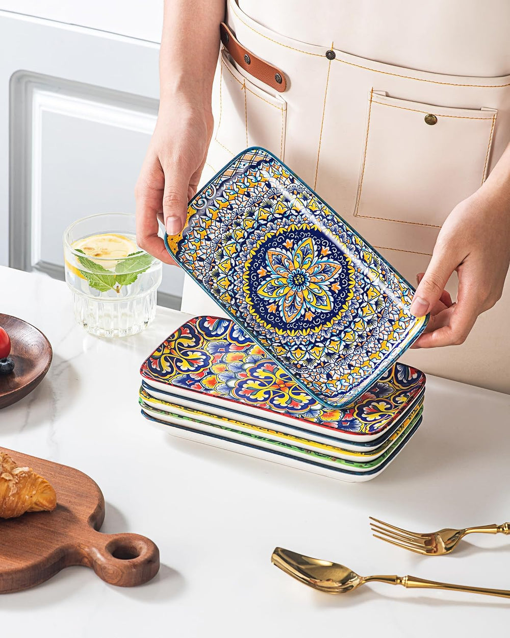 Boho Ceramic Rectangular Appetizer & Sushi Plates Set of 6, 8 Inch