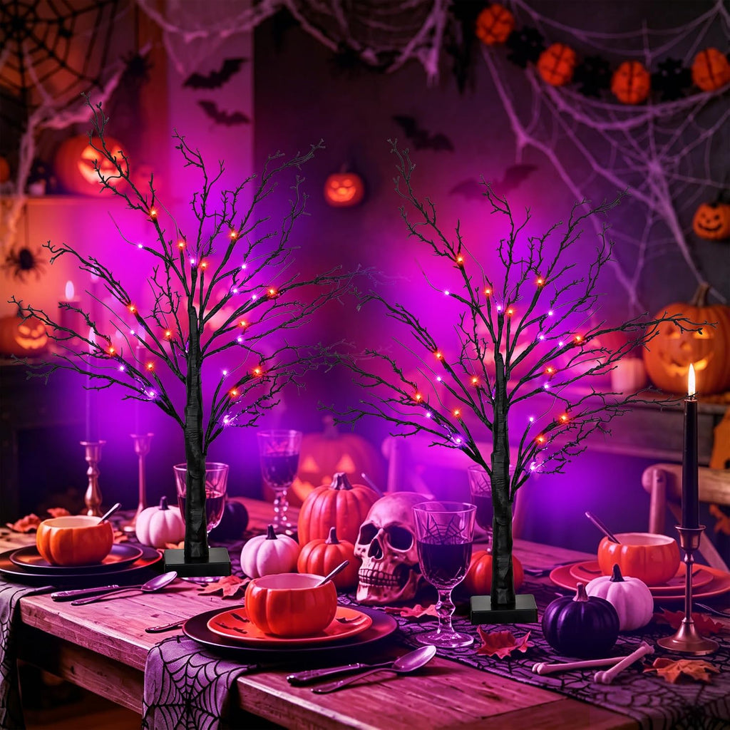 [Timer] 2 Pack Halloween Decorations Indoor, 24 Inch Lighted Black Halloween Tree with 24 Orange & Purple Lights, USB or Battery Powered Spooky Tabletop Tree for Home, Party, Fireplace & Holiday Decor