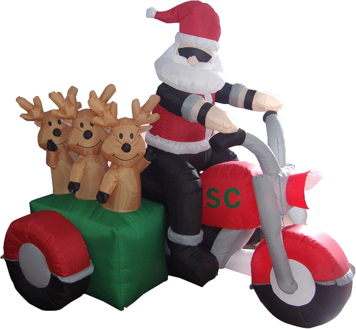 6 Foot Long Inflatable Santa Claus and 3 Reindeers in a Motorcycle