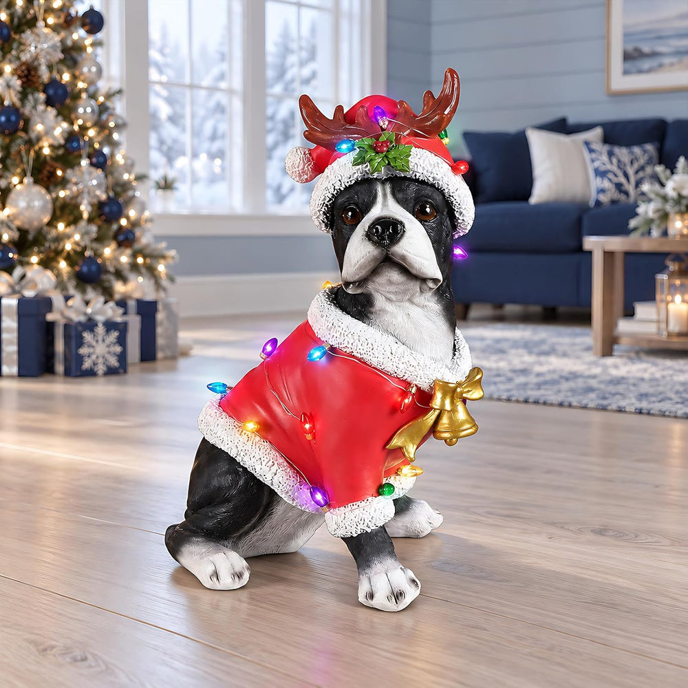 Lighted Christmas Bulldog Statue with Antler Hat