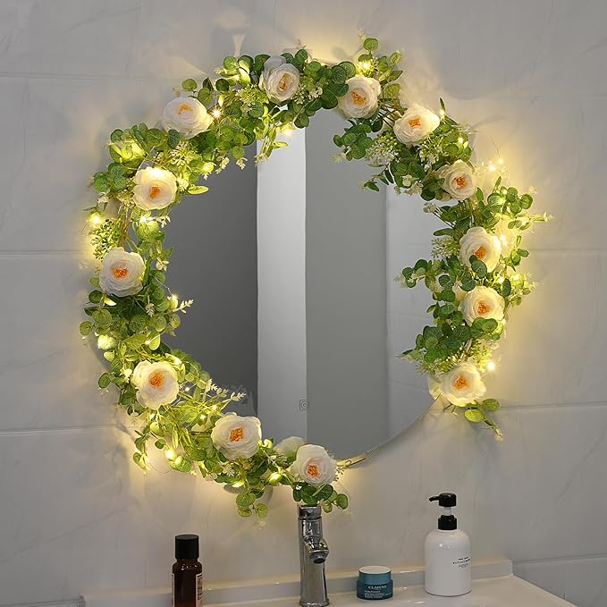 Dolicer 2Pcs 13Ft Artificial Eucalyptus Garlands with Flowers, Faux Floral Greenery Garlands with 13Ft String Lights Fake Flowers Vines for Wedding Centerpieces Arch Party Decor (White)