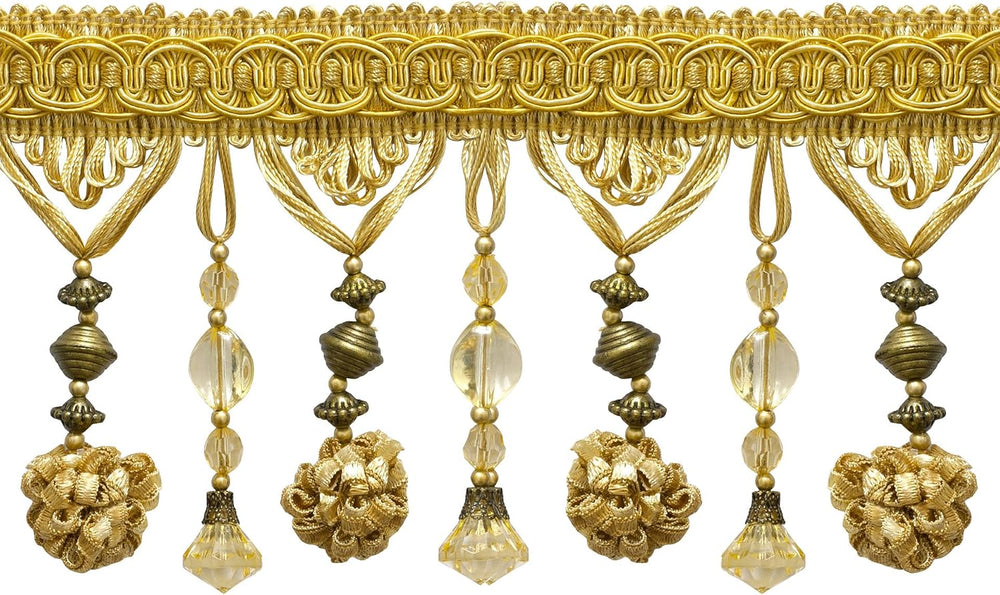 4" (10cm) Elegant Beaded Fringe Trim with Fancy Gimp Header with Pompoms...