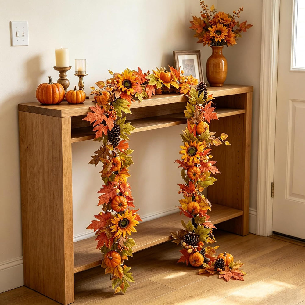 YULETIME 9 ft Pumpkin & Maple Leaf Garland, 50 Fairy Lights Battery Powered