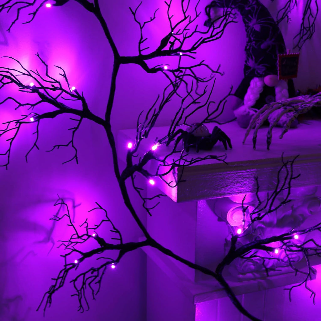 9 Ft 66 LED Willow Vine Twig Decor Black Halloween Garland with Purple Lights, Timer 8 Modes Waterproof Battery Operated Indoor Halloween Decorations for Wall Fireplace Mantle Home Office Party Decor