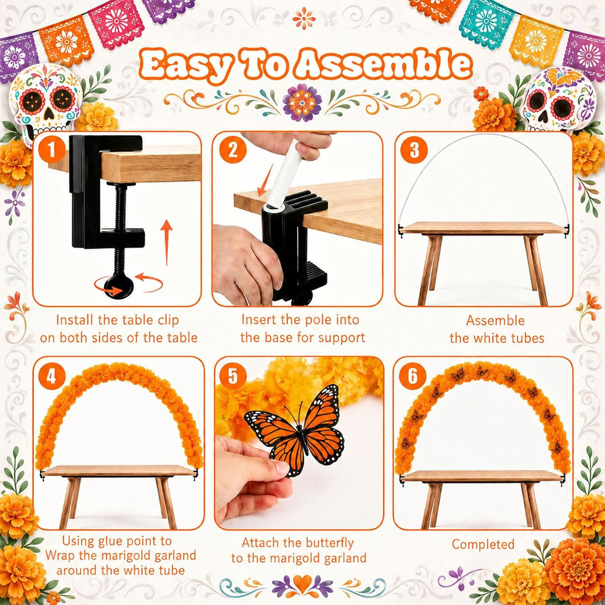 Marigold Table Arch Kit for Day of the Dead Decor with Adjustable PVC Arch