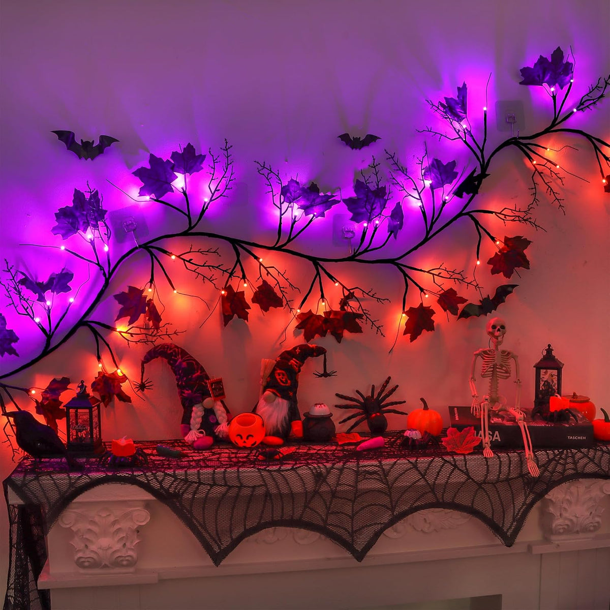 9 FT 72 LED Willow Vine Twig Decor Black Halloween Garland with Orange & Purple Lights, 8 Modes & Timer Waterproof Battery Operated for Home Fireplace Mantle Wall Office Indoor Halloween Decorations