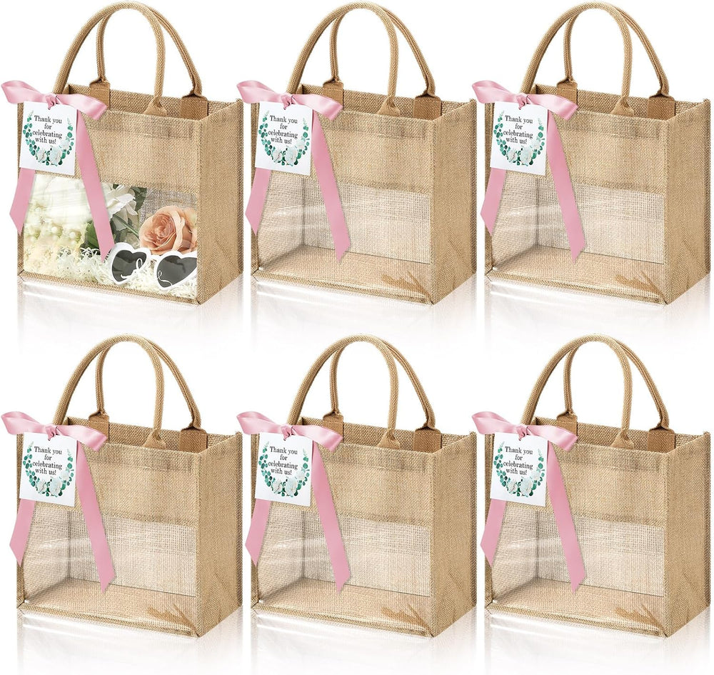 6 Pack Bridesmaid Burlap Tote Bags with Clear Window & Ribbon, Pink